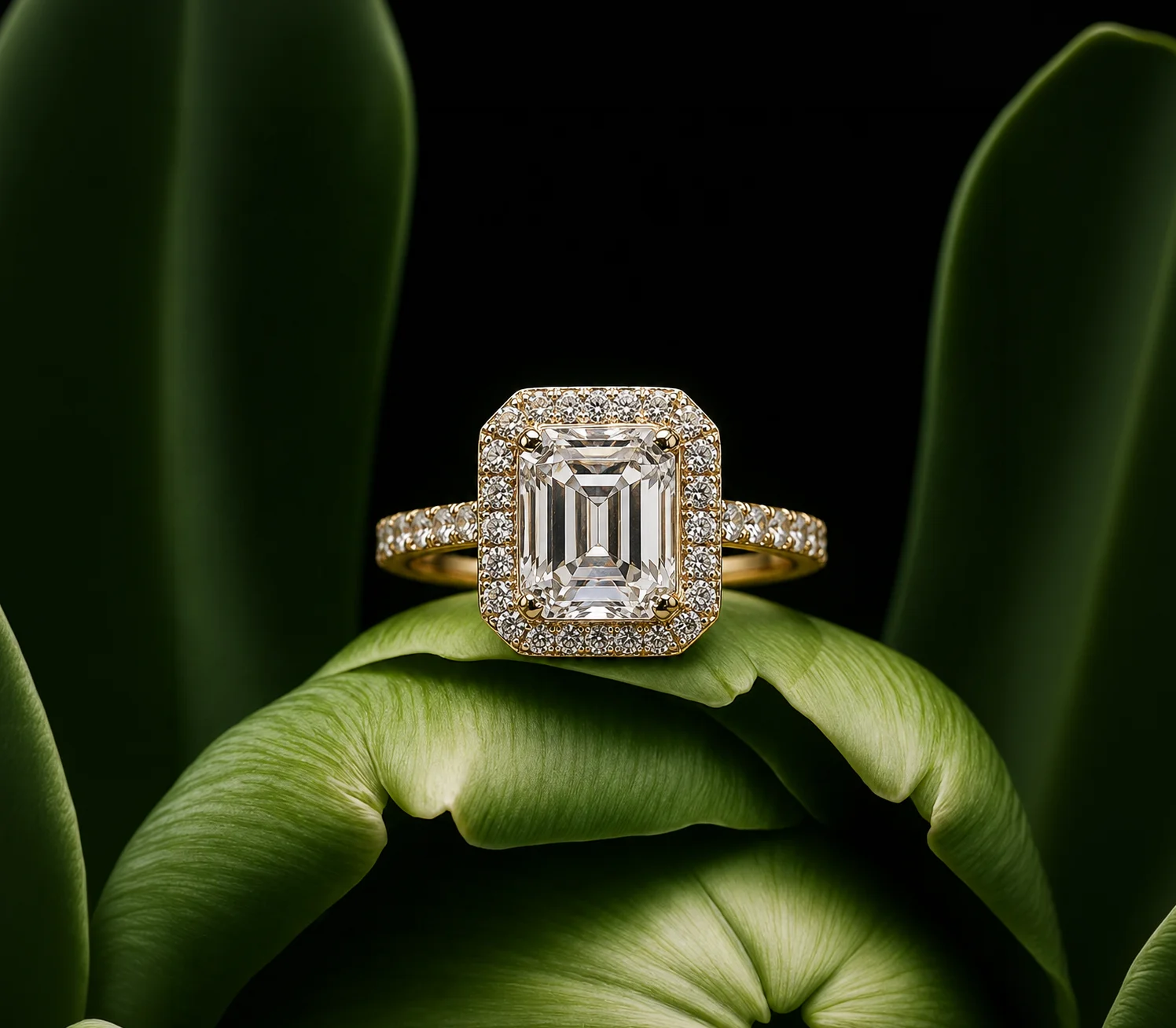 Emerald Cut Halo Ring